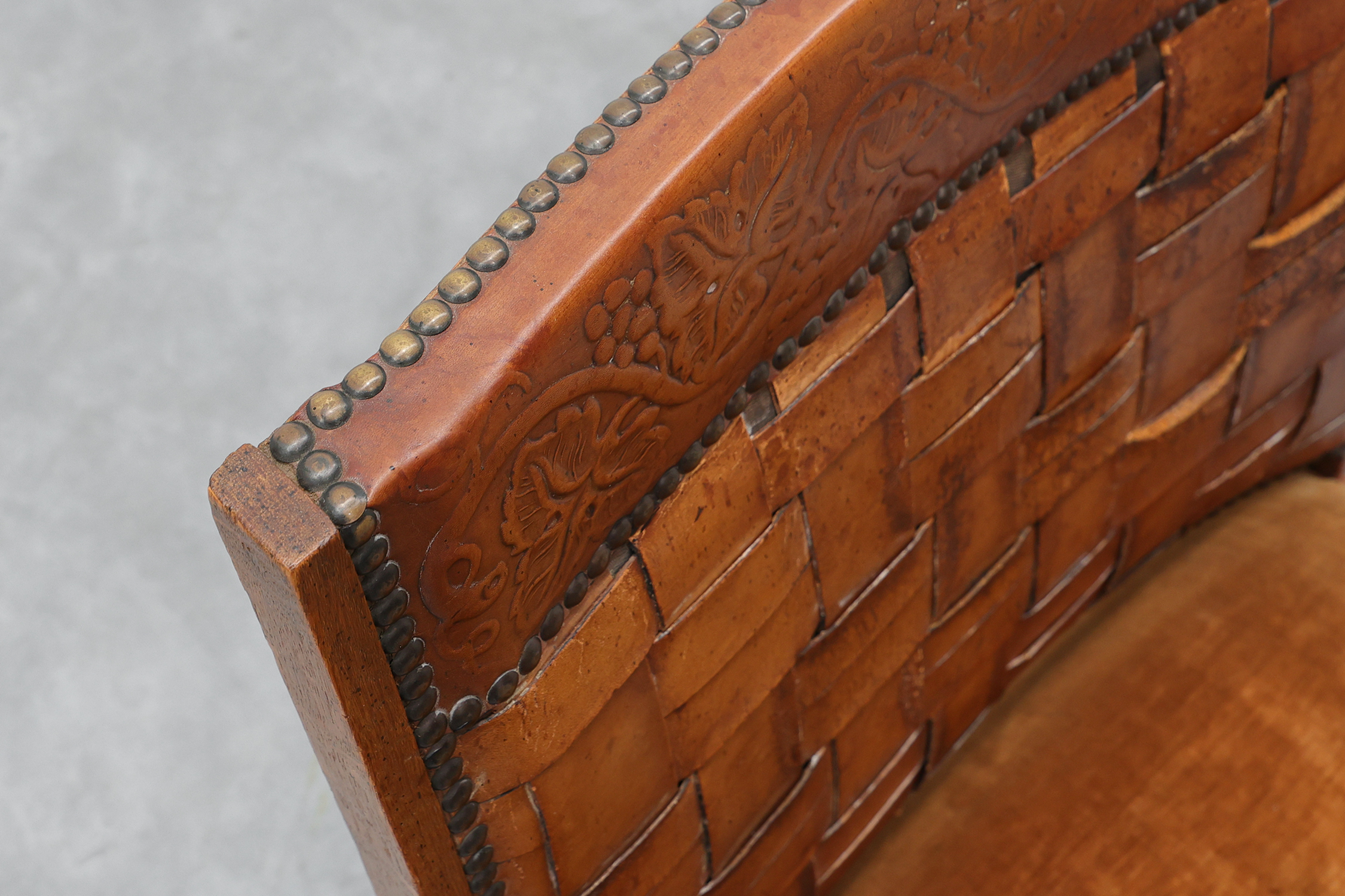 Art Deco Oak Lounge Chair with Woven Leather Back and Ochre Velvet, Belgium, 1920sthumbnail